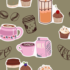 Seamless background with coffee symbols, accessories. Will be useful for restaurant, packaging, menu and interior design, wrapper, menu. Hand drawn vector illustration.