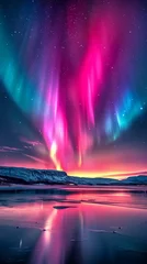 Colorful northern lights reflecting on frozen lake