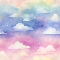 Background from magical fairy-tale gentle rainbow clouds with stars. For design of holiday invitations and cards.