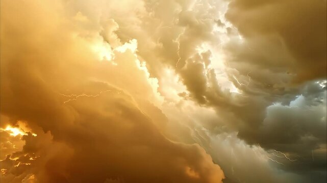 A dramatic sky filled with swirling clouds and flashes of lightning, showcasing vibrant colors and a sense of turbulence.