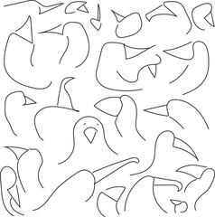 The background is filled with light and sketchy images of birds in the form of beaks.