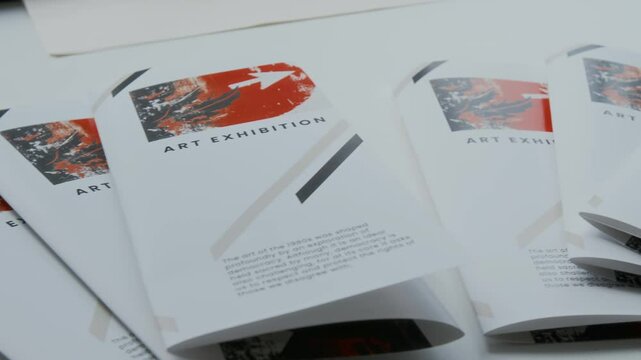 Close-up pan no people shot of information brochures for modern graphic art exhibition laid out for visitors at gallery, with black and red artwork decorating front page