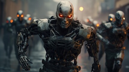 Fototapeta premium Horde of Menacing Robots Charging Forward with Glowing Red Eyes in Urban Dystopian Setting