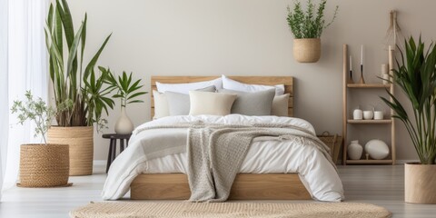 Modern bedroom interior with plants and wooden bed