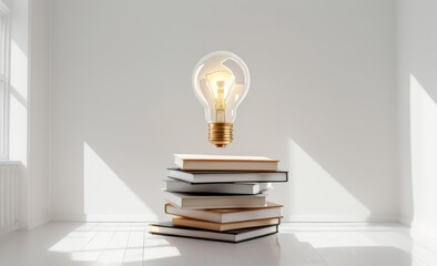 A stack of books with a light bulb on top of them