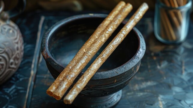 Chewing miswak stick close up