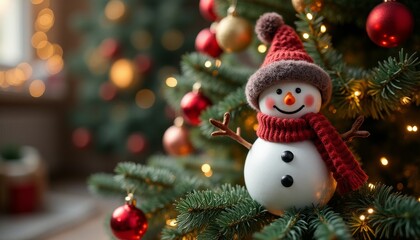 A snowman is sitting on a Christmas tree