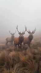 Fototapeta premium Three majestic stags with large antlers stand in a foggy wilderness, surrounded by dry grass and a misty atmosphere.