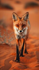 Fototapeta premium Red fox walking confidently in desert landscape