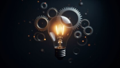 A light bulb is lit up in front of a bunch of gears