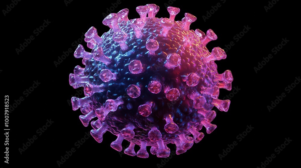 Poster a 3d rendering of a coronavirus particle in a vibrant purple and blue hue