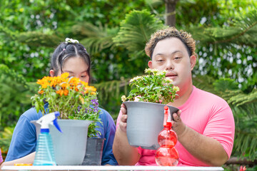 A group of friends take care plants in garden, spraying beautiful flowering plants with water...
