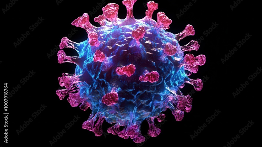Poster 3d render of a virus with pink spikes against a black background
