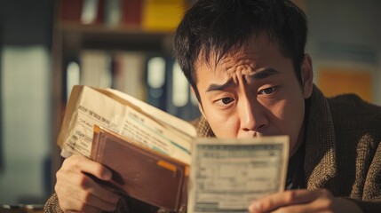 A young man carefully looks at a paper document, possibly a bill or invoice, while holding his wallet in his other hand. 