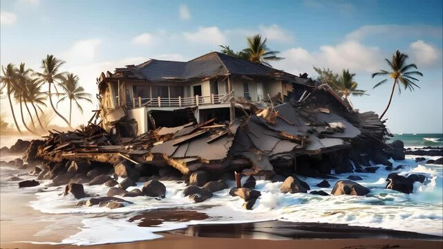 A house partially collapsed and surrounded by ocean waves, with palm trees lining the shore, indicating coastal erosion or a storm.