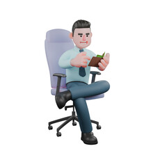 Male Financial Analyst Illustration in 3D. A male financial analyst sits on a chair with his left hand holding a wallet containing money. Professional Economic