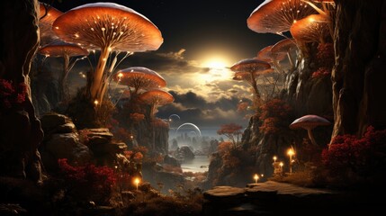 Naklejka premium Enchanting Mushroom Village Under Moonlight Fantasy Landscape