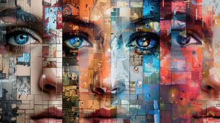 Abstract background of woman faces mosaic collage.