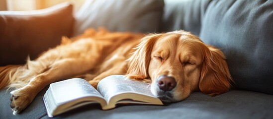 A golden retriever dog sleeping on a couch with an open book.