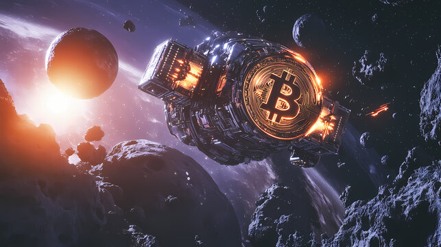 A fantastical illustration of a space station mining bitcoins among planets, depicting the futuristic concept of cryptocurrency expansion. ai generation. Asteroid Mining Station. Illustration