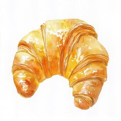 A croissant in watercolor style, isolated on a white background, with soft, elegant brushstrokes and vibrant golden hues.