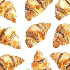 Watercolor seamless pattern of chocolate croissants, isolated on a white background, with artistic brushstrokes and detailed textures.