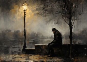 Lonely Figure on a Foggy Night by a River Under a Streetlamp