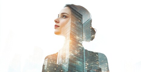 Double exposure of a businesswoman holding a building and office tower against a white background