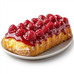 Raspberry French bread on a white plate, isolated on a white background, featuring its sweet raspberry topping and fluffy interior.