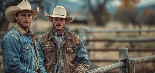 Fototapeta premium Two cowboys in denim jackets and cowboy hats in a rural setting