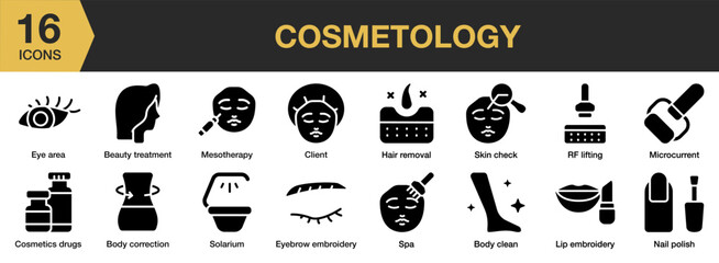 Cosmetology solid icon set. Includes beauty treatment, body clean, client, cosmetics, eyebrow, and More. Solid icons vector collection.
