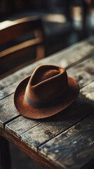 Capture a realistic image of a stylish hat displayed on a rustic wooden table, showcasing its unique design and texture, with natural light highlighting its features against a softly blurred 