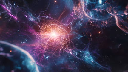 A cinematic view of vibrant quantum realms , infinite, threads, colorful, abstract, science fiction. Quantum Realm. Illustration