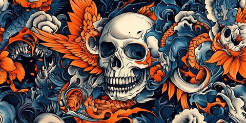 Skulls with flowers on black background