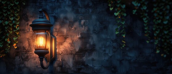 Fototapeta premium Vintage Lantern Illuminating a Brick Wall with Hanging Greenery at Night