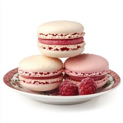 Raspberry macarons on a plate, isolated with a white background, elegant and appetizing.
