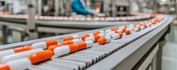 Dynamic production line at a modern pharmaceutical plant, showcasing the seamless process of medicine packaging