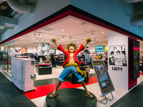One piece store front Monkey D. Luffy display Japanese anime product Business : Sapporo, Japan-May 27, 2024 