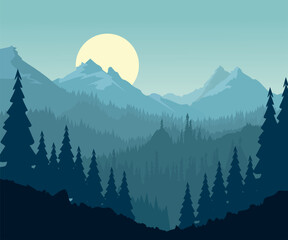 Silhouette of mountains and coniferous forest landscape Vector illustration