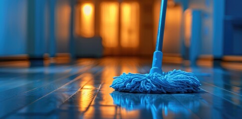 Mop cleaning wet floor in office hallway