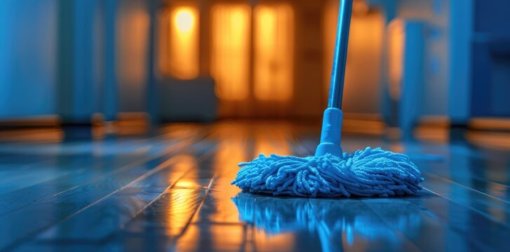 Mop cleaning wet floor in office hallway