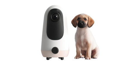 Automatic pet feeder with camera on white background 