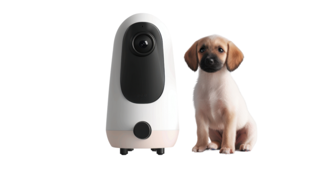 Automatic pet feeder with camera on white background 