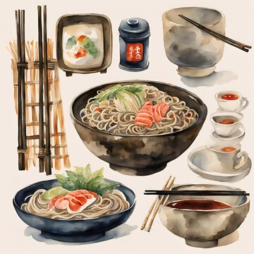 Japanese menu Soba noodles watercolor clipart