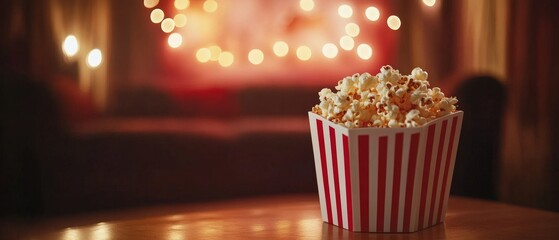 "Capture the irresistible charm of freshly popped popcorn, with fluffy kernels spilling from a classic red-and-white striped container, drizzled with melted butter and sprinkled with sea salt