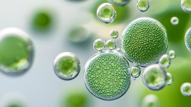 Close-up of spirulina algae in water with effervescent bubbles, highlighting its use in health and dietary supplements