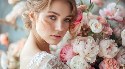 Obraz premium Bride Holding Colorful Bouquet of Pink and White Flowers in Romantic Garden Setting