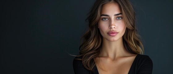 Naklejka premium Portrait of a Young Woman with Natural Beauty and Neutral Expression Against Dark Background