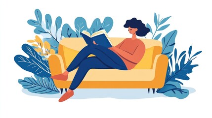 A young woman is relaxing on a yellow couch, reading a blue book. She is surrounded by blue and yellow stylized leaves.
