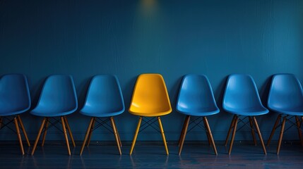 Yellow chair in a row of blue chairs
